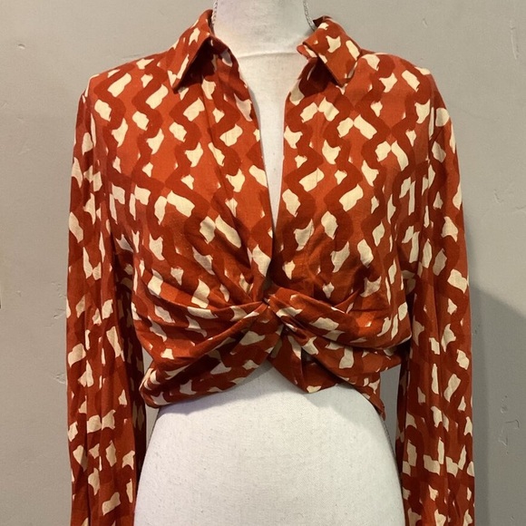 MNWT ZARA Linen Blend Geometric Print Boho Long Sleeve Crop Top Terracott… - Picture 4 of 11